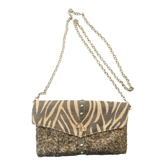 Pinko Shoulder Bag Clutch Animal Print and Sequins with Goldtone Chain - Picture 1 of 9